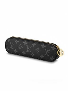 Designer Gray on Black Monogram Zip Pencil accessory Case with Gold Hardware New